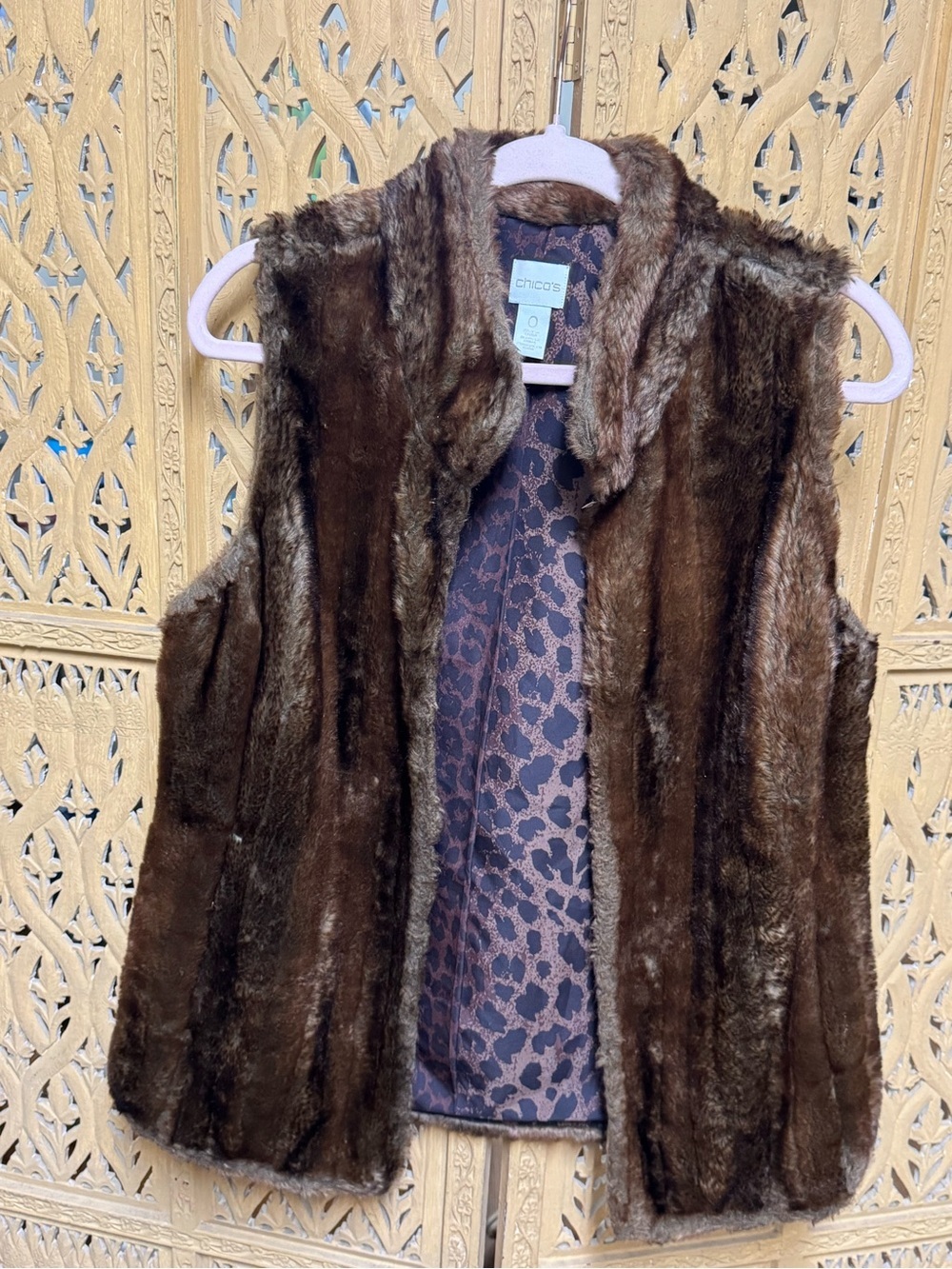 Chico's Brown Faux Fur Vest with Leopard Print Lining Cozy Luxe Versatile Layer - Picture 2 of 8